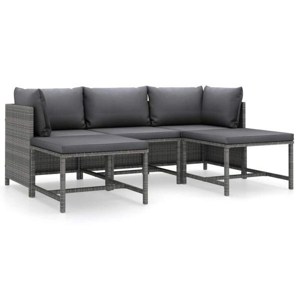 5-tlg. Garten-Lounge-Set mit Kissen Poly Rattan Grau