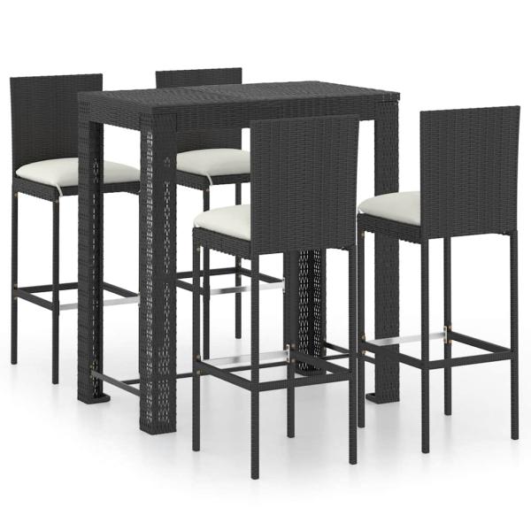 5-tlg. Gartenbar-Set mit Kissen Poly Rattan Schwarz