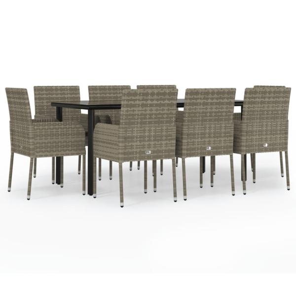 9-tlg. Garten-Essgruppe mit Kissen Schwarz und Grau Poly Rattan