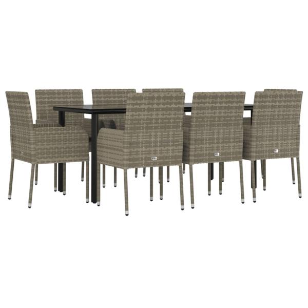 9-tlg. Garten-Essgruppe mit Kissen Schwarz und Grau Poly Rattan