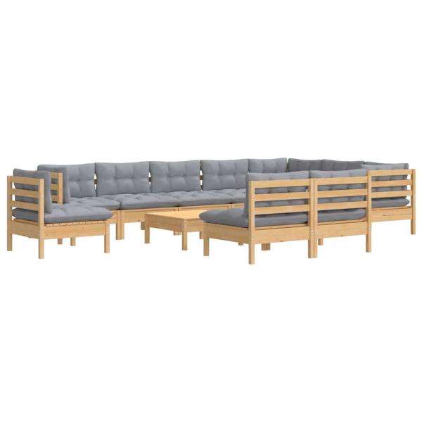 11-tlg. Garten-Lounge-Set mit Grauen Kissen Kiefer Massivholz