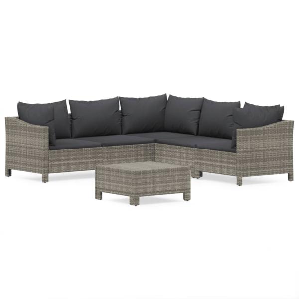 6-tlg. Garten-Lounge-Set mit Kissen Grau Poly Rattan