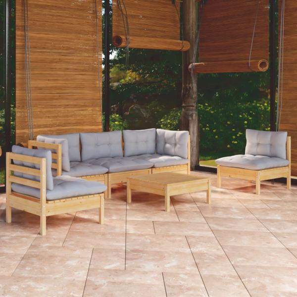 ARDEBO.de - 6-tlg. Garten-Lounge-Set mit Grauen Kissen Kiefer Massivholz