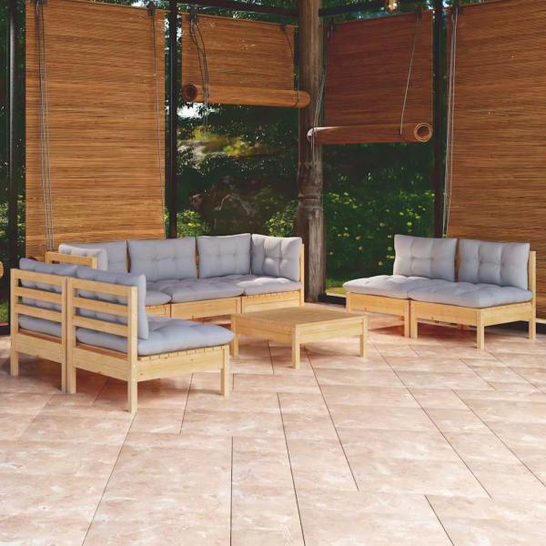 ARDEBO.de - 8-tlg. Garten-Lounge-Set mit Grauen Kissen Kiefer Massivholz