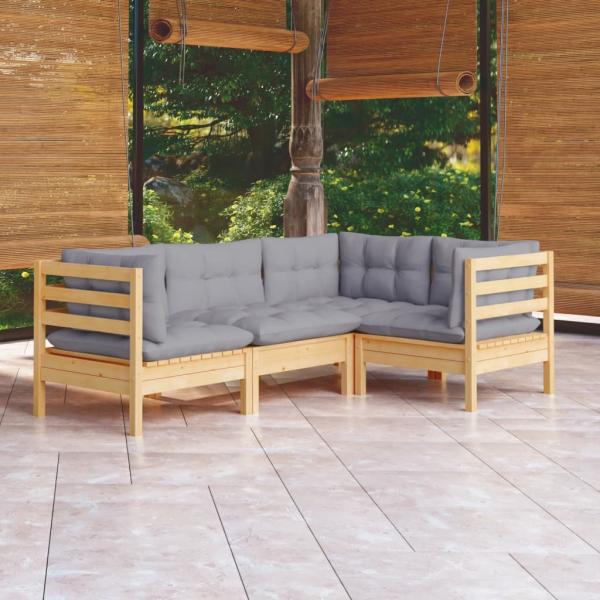 ARDEBO.de - 4-tlg. Garten-Lounge-Set mit Grauen Kissen Kiefernholz