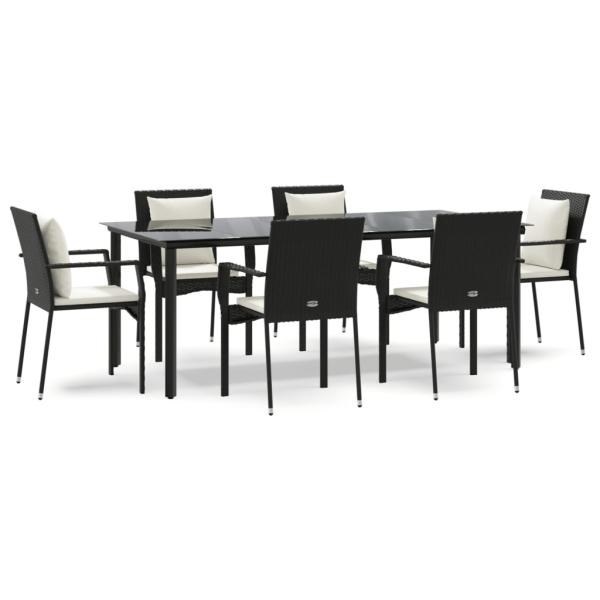 7-tlg. Garten-Essgruppe mit Kissen Schwarz Poly Rattan