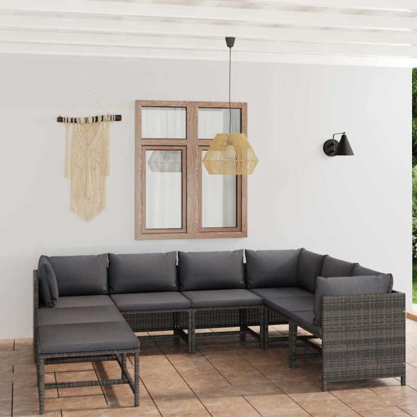 ARDEBO.de - 8-tlg. Garten-Lounge-Set mit Kissen Poly Rattan Grau