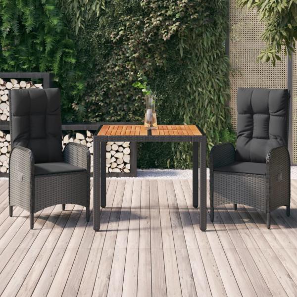 ARDEBO.de - 3-tlg. Garten-Essgruppe mit Kissen Schwarz Poly Rattan