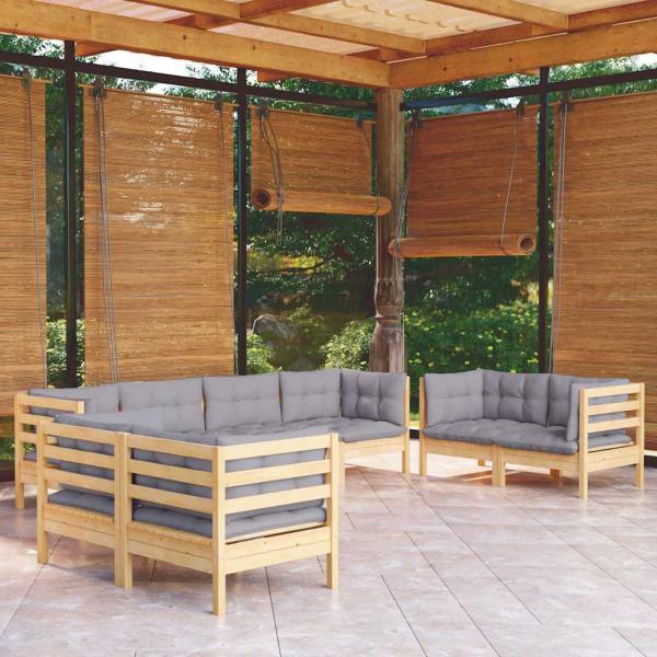 ARDEBO.de - 8-tlg. Garten-Lounge-Set mit Grauen Kissen Kiefer Massivholz
