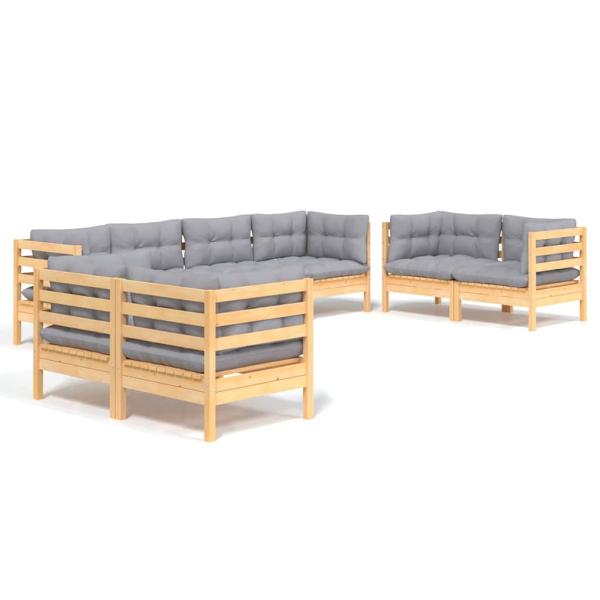 8-tlg. Garten-Lounge-Set mit Grauen Kissen Kiefer Massivholz