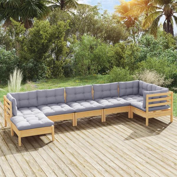 ARDEBO.de - 7-tlg. Garten-Lounge-Set mit Grauen Kissen Kiefer Massivholz