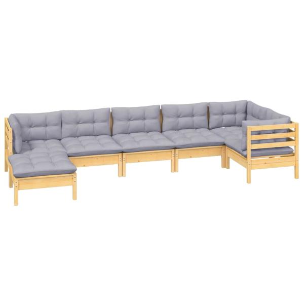 7-tlg. Garten-Lounge-Set mit Grauen Kissen Kiefer Massivholz