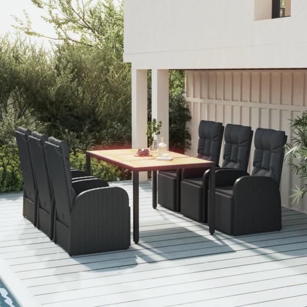 ARDEBO.de - 7-tlg. Garten-Essgruppe Schwarz Poly Rattan & Massivholz Akazie
