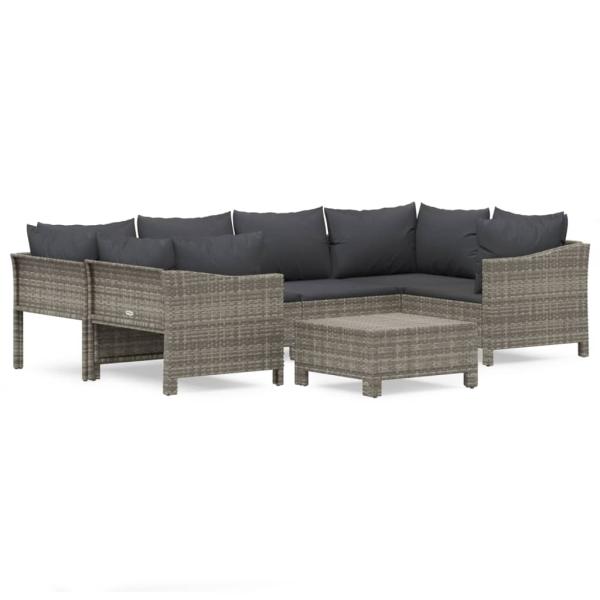 7-tlg. Garten-Lounge-Set mit Kissen Grau Poly Rattan