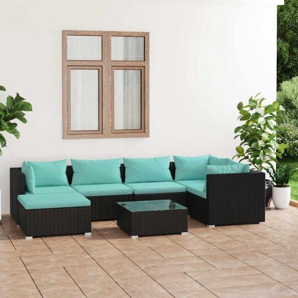 ARDEBO.de - 7-tlg. Garten-Lounge-Set mit Kissen Poly Rattan Schwarz