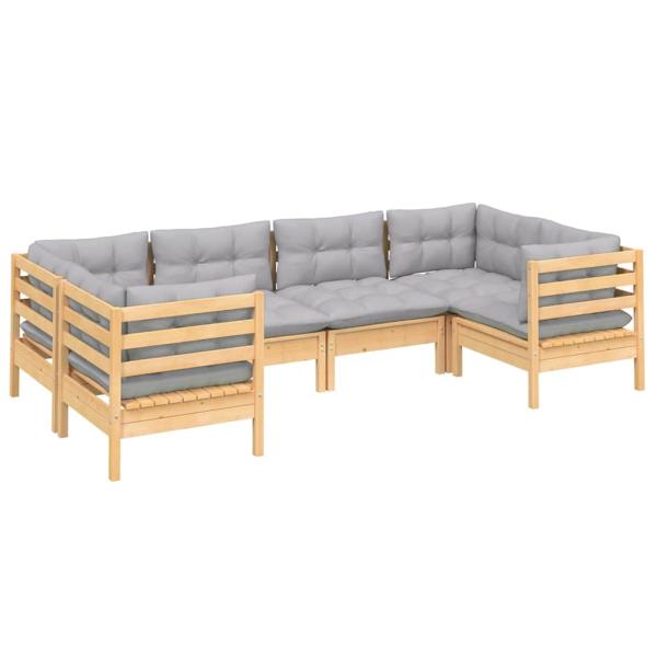 6-tlg. Garten-Lounge-Set mit Grauen Kissen Kiefernholz