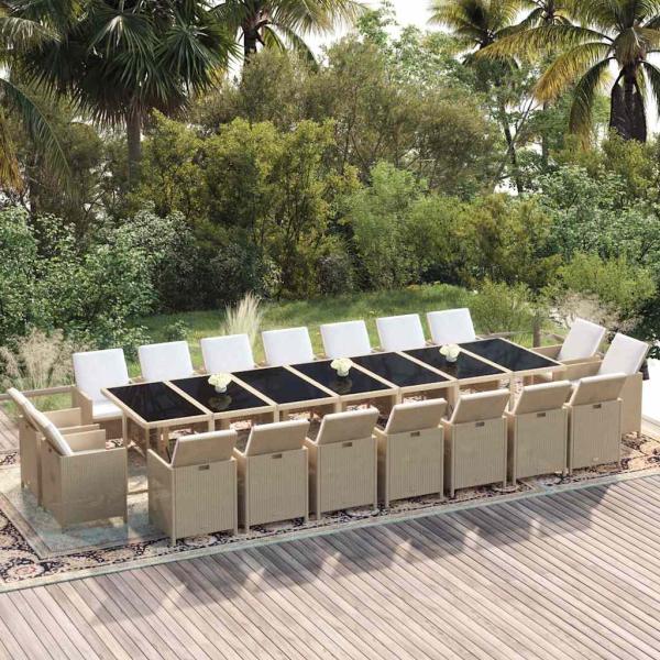 ARDEBO.de - 19-tlg. Garten-Essgruppe mit Kissen Poly Rattan Beige
