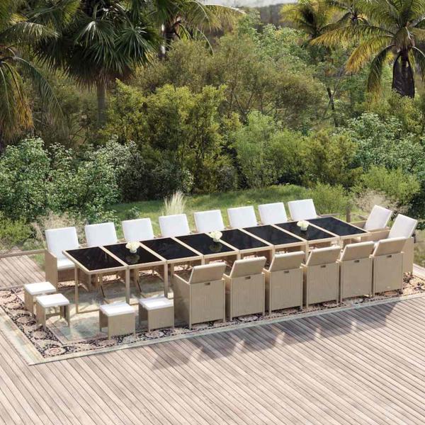 ARDEBO.de - 21-tlg. Garten-Essgruppe mit Kissen Poly Rattan Beige