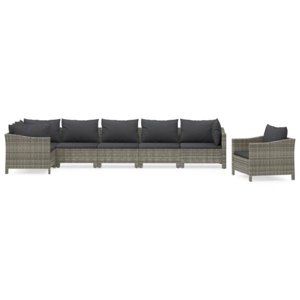 7-tlg. Garten-Lounge-Set mit Kissen Grau Poly Rattan