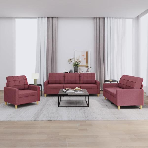 ARDEBO.de - 3-tlg. Sofagarnitur mit Kissen Weinrot Stoff