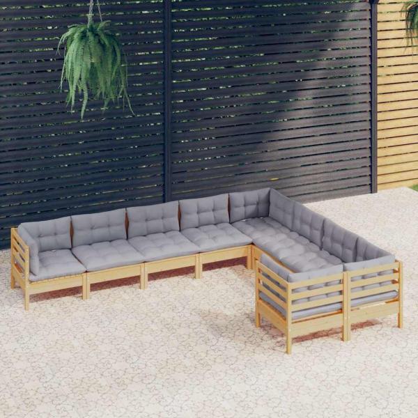 ARDEBO.de - 9-tlg. Garten-Lounge-Set mit Grauen Kissen Kiefernholz