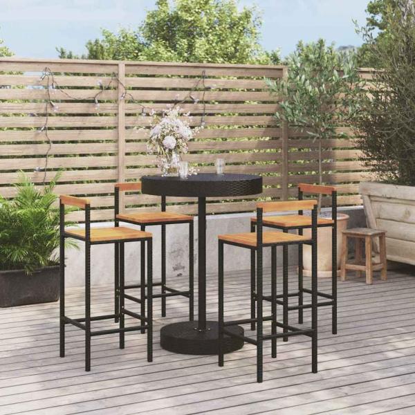 ARDEBO.de - 5-tlg. Gartenbar-Set Schwarz Poly Rattan & Massivholz Akazie