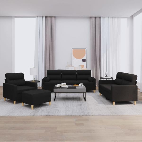 ARDEBO.de - 4-tlg. Sofagarnitur mit Kissen Schwarz Stoff