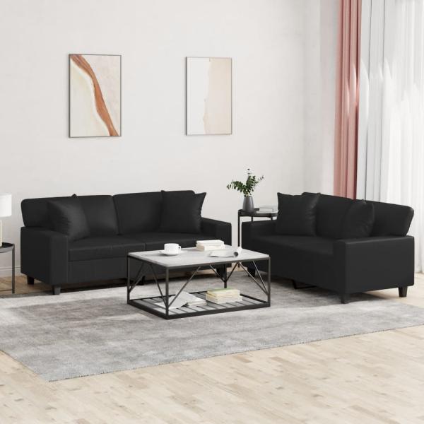 ARDEBO.de - 2-tlg. Sofagarnitur mit Kissen Schwarz Kunstleder