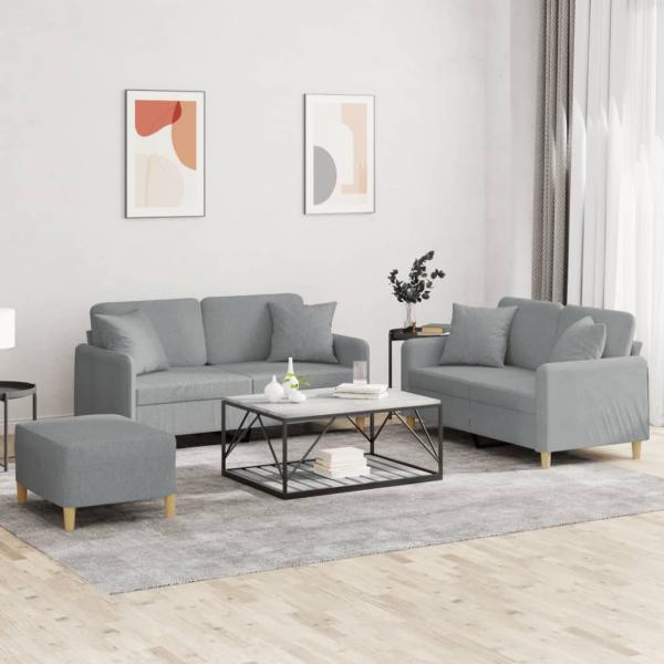 ARDEBO.de - 3-tlg. Sofagarnitur mit Kissen Hellgrau Stoff