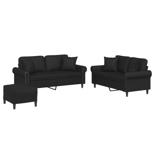 3-tlg. Sofagarnitur mit Kissen Schwarz Kunstleder