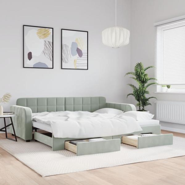 ARDEBO.de - Tagesbett Ausziehbar mit Schubladen Hellgrau 90x190 cm Samt