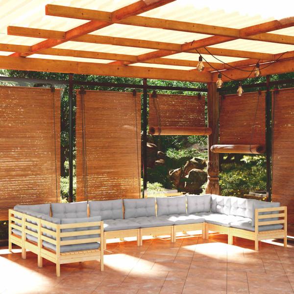 ARDEBO.de - 10-tlg. Garten-Lounge-Set mit Grauen Kissen Kiefernholz