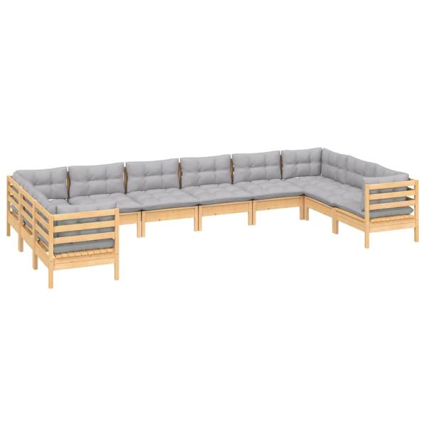 10-tlg. Garten-Lounge-Set mit Grauen Kissen Kiefernholz