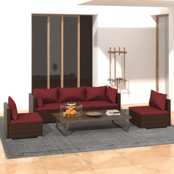 ARDEBO.de - 5-tlg. Garten-Lounge-Set mit Kissen Poly Rattan Braun