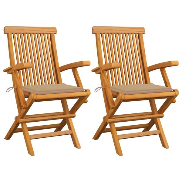 ARDEBO.de - Klappstühle mit beigen Kissen, 2 Stück, Massivholz Teakholz