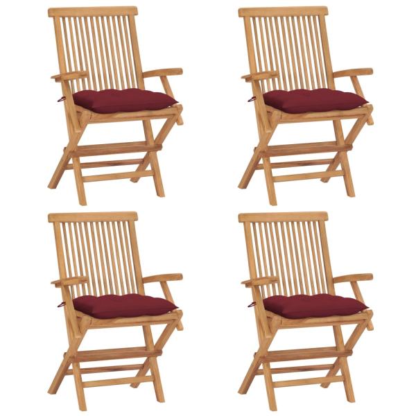 ARDEBO.de - Klappstühle mit weinroten Kissen, 4 Stück, Massivholz Teakholz