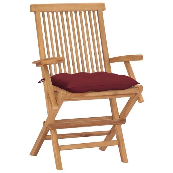 Klappstühle mit weinroten Kissen, 4 Stück, Massivholz Teakholz
