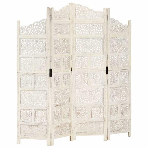 ARDEBO.de - 4tlg. Raumteiler Handgeschnitzt Weiß 160×165cm Mango Massivholz