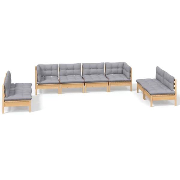 8-tlg. Garten-Lounge-Set mit Grauen Kissen Kiefer Massivholz