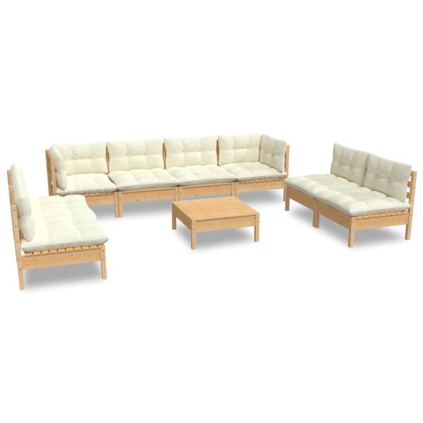 9-tlg. Garten-Lounge-Set mit Creme Kissen Massivholz Kiefer