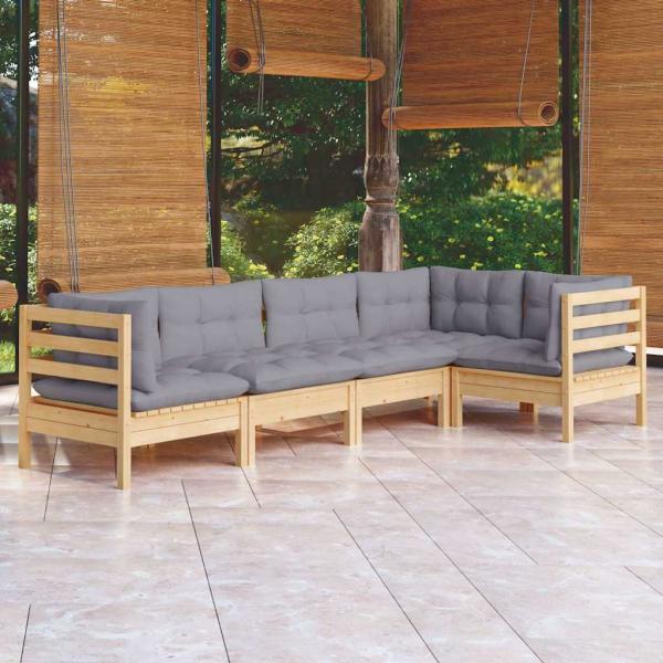 ARDEBO.de - 5-tlg. Garten-Lounge-Set mit Grauen Kissen Kiefernholz