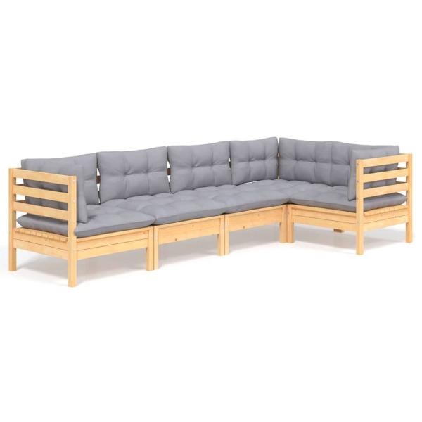 5-tlg. Garten-Lounge-Set mit Grauen Kissen Kiefernholz