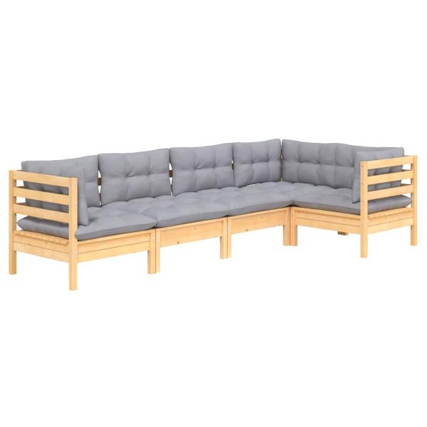 5-tlg. Garten-Lounge-Set mit Grauen Kissen Kiefernholz