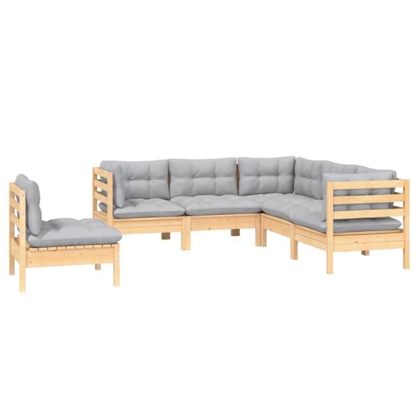 5-tlg. Garten-Lounge-Set mit Grauen Kissen Kiefernholz