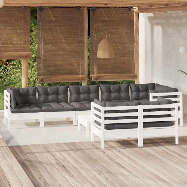 ARDEBO.de - 9-tlg. Garten-Lounge-Set mit Kissen Weiß Kiefer Massivholz