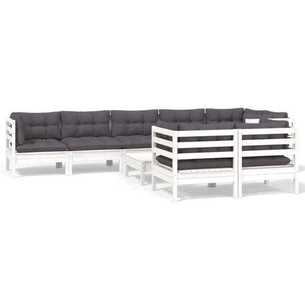 9-tlg. Garten-Lounge-Set mit Kissen Weiß Kiefer Massivholz