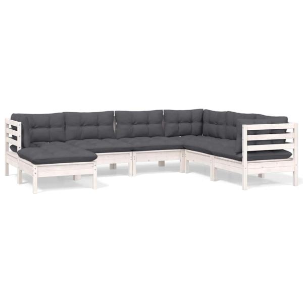 7-tlg. Garten-Lounge-Set mit Kissen Weiß Kiefer Massivholz