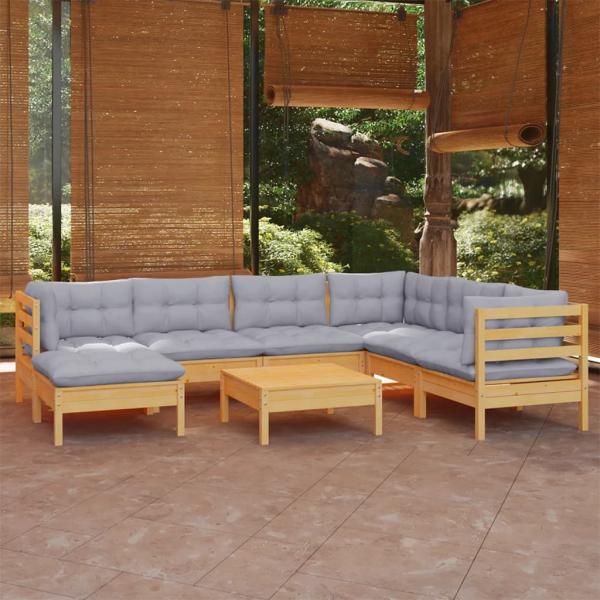ARDEBO.de - 8-tlg. Garten-Lounge-Set mit Grauen Kissen Kiefer Massivholz
