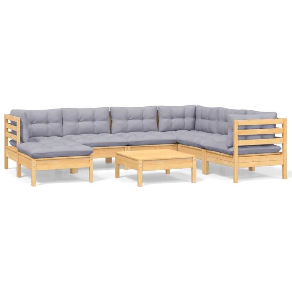8-tlg. Garten-Lounge-Set mit Grauen Kissen Kiefer Massivholz