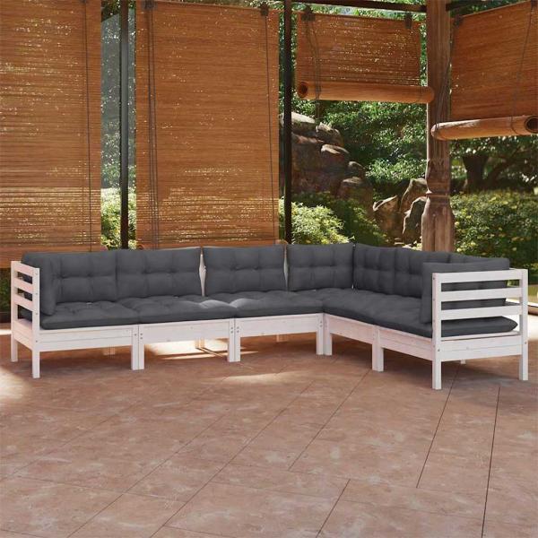 ARDEBO.de - 6-tlg. Garten-Lounge-Set mit Kissen Weiß Kiefer Massivholz